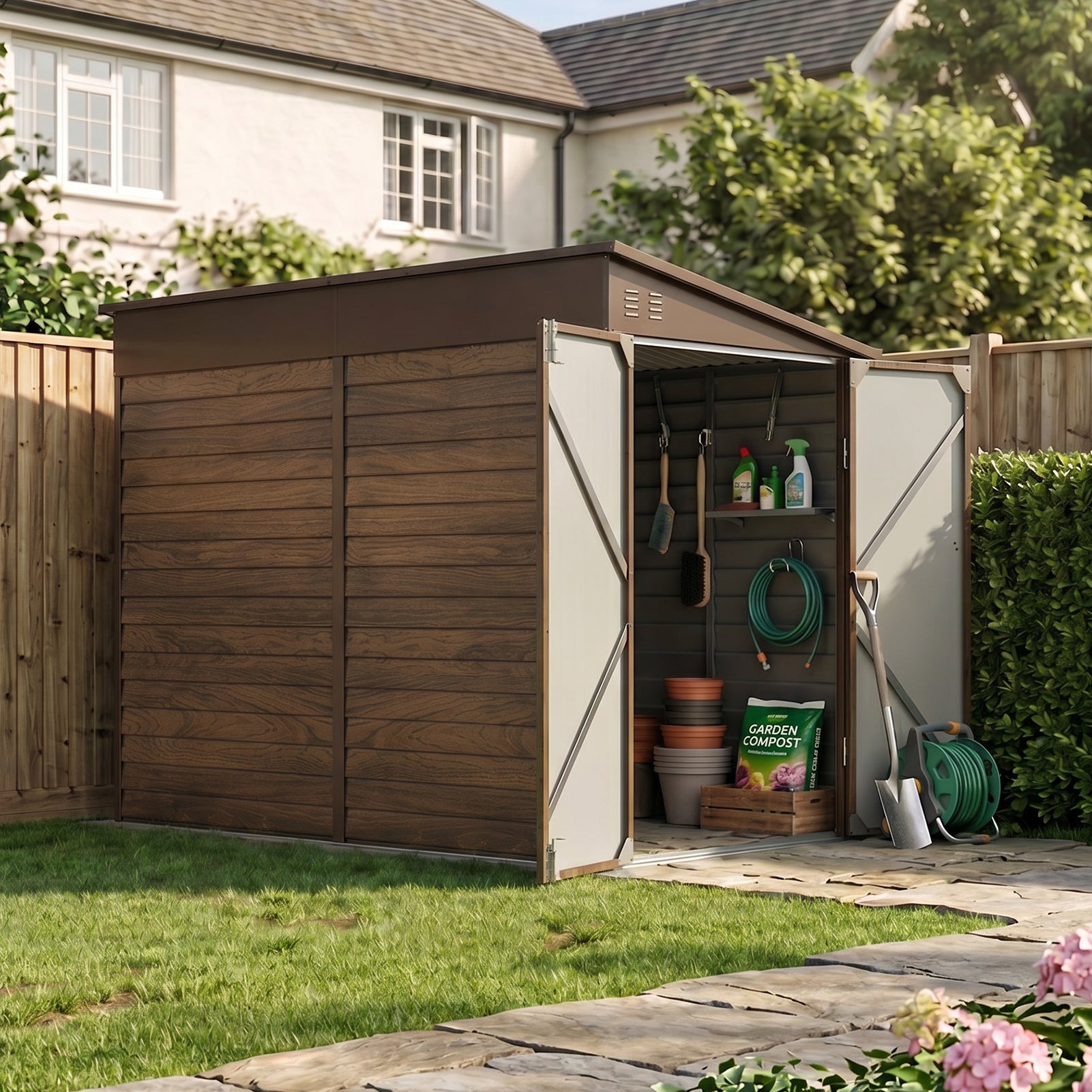 4.6 x 9FT Metal Pent Roof Garden Tool Storage Shed With Double Doors And Hooks